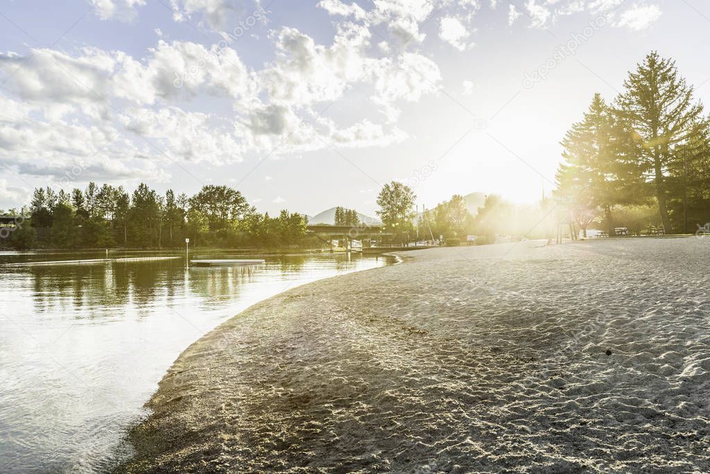 Empty beach at waters edge, Sand Point, Idaho, USA