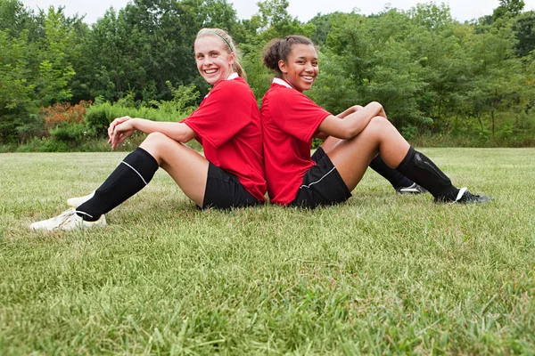 Girl Soccer Players Back Back — Stock Photo, Image