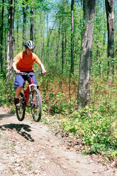 Pojke Mountainbike Skogen — Stockfoto