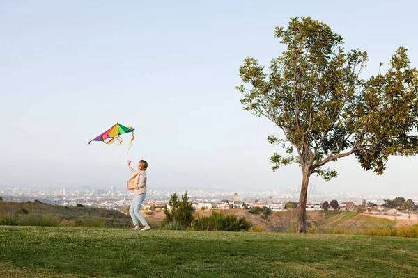 Young Woman Flying Kite Field — Stock Photo, Image