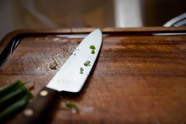 Faca Cozinha Tábua Corte Madeira — Fotografia de Stock