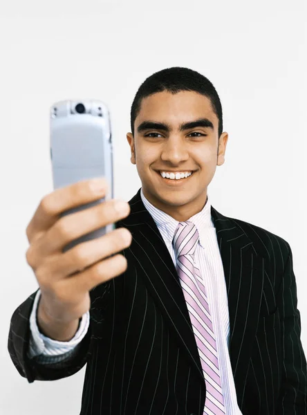 Close Retrato Jovem Empresário Com Câmera Telefone — Fotografia de Stock