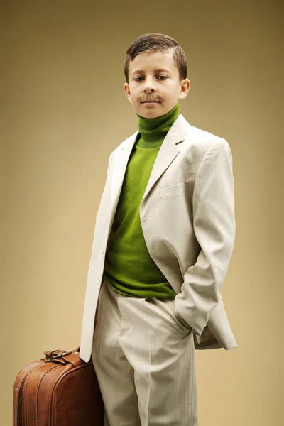 Young Boy Dressed Beige Suit Fake Mustache Stock Image