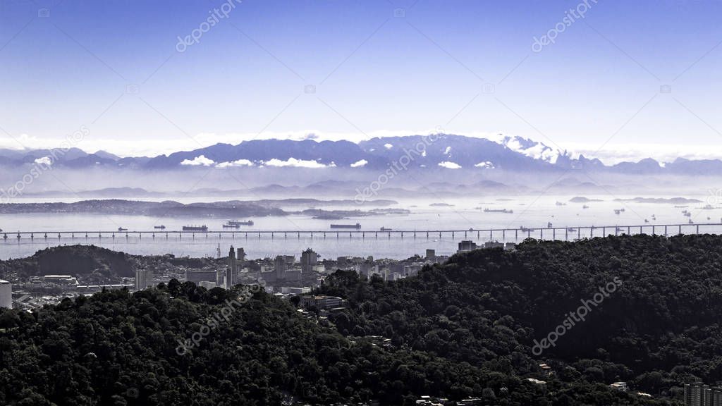 Distant view of Rio Niteroi bridge and Guanabara Bay, Rio de Janeiro, Brazil