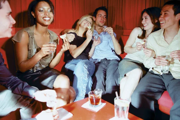Group Portrait Happy Friends Chatting Nightclub — стоковое фото