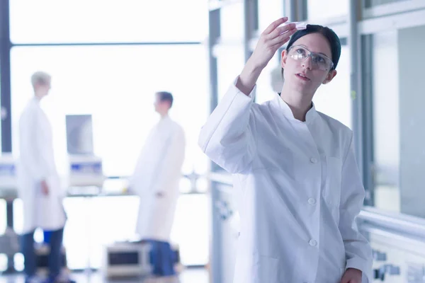 Estudante Química Olhando Para Produtos Químicos Laboratório — Fotografia de Stock