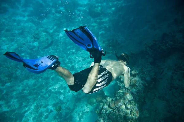 Homme Plongée Avec Tuba Sous Eau — Photo