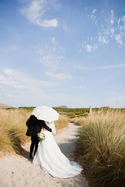 新娘和新郎在阳伞下散步 — 图库照片