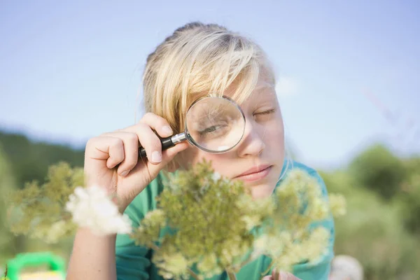 Flicka Undersöker Blomma — Stockfoto