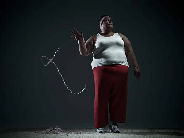 Mulher Com Excesso Peso Jogando Fita Métrica — Fotografia de Stock