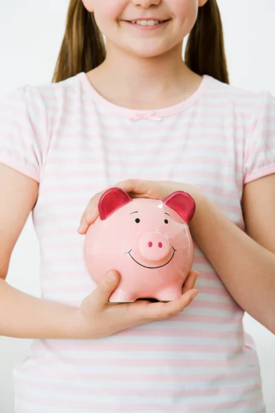 Menina Jovem Com Banco Porquinho — Fotografia de Stock