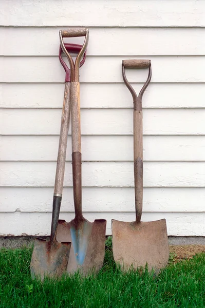 Shovels Leaning White Wall — Stock Photo, Image