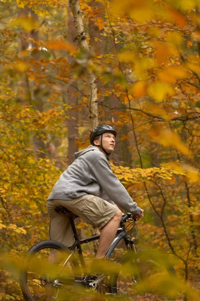 Människan Cykling Höstskogen — Stockfoto
