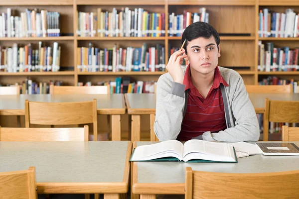 Jongen Studeren Bibliotheek — Stockfoto