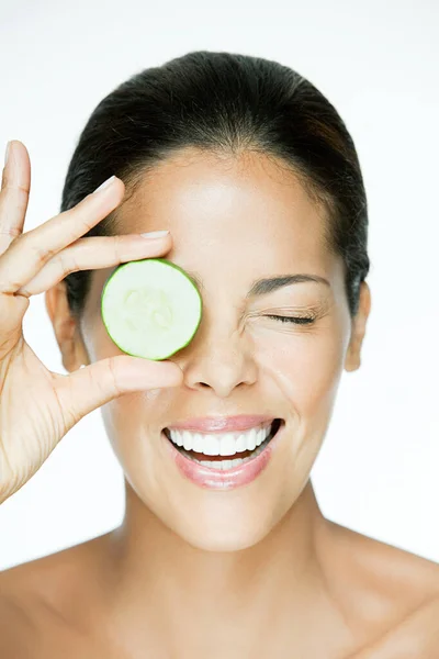 Woman Holding Cucumber Eye — Stock Photo, Image