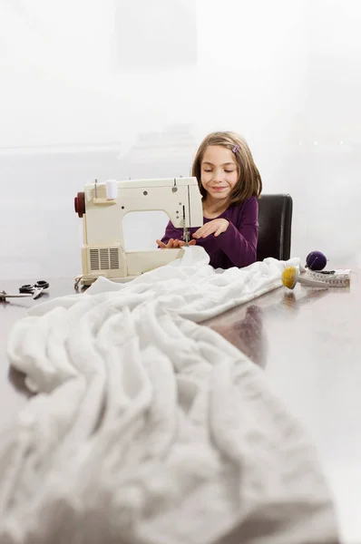 Little Tailor Girl Practicing — Stock Photo, Image