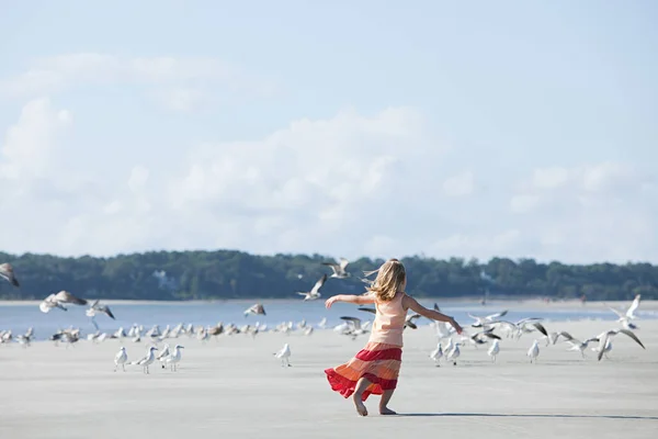 Meisje Het Strand Tussen Meeuwen — Stockfoto