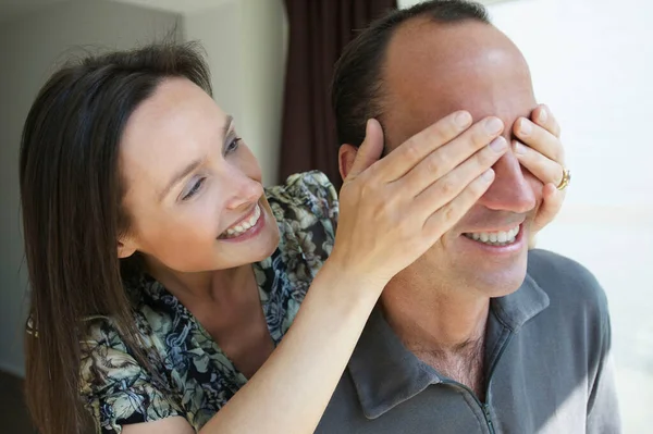 Woman Hiding Her Man Eyes Smiling — Stock Photo, Image