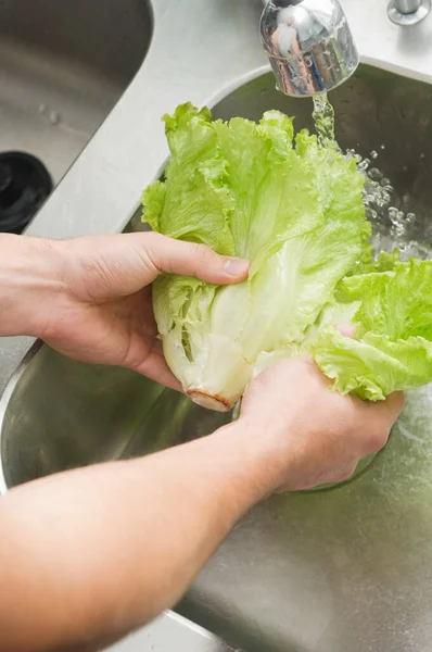 Mujer Lavadora Lechuga Cocina —  Fotos de Stock