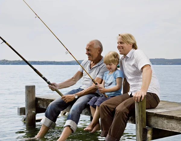 Boy Fishing Grandfather Father — Stock Photo, Image