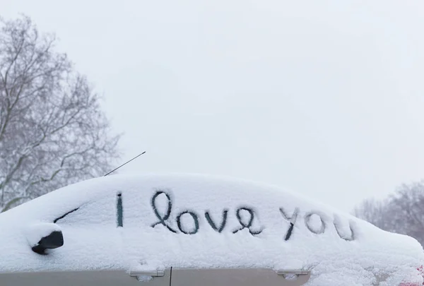 Jag Älskar Dig Dras Snö Bilen — Stockfoto