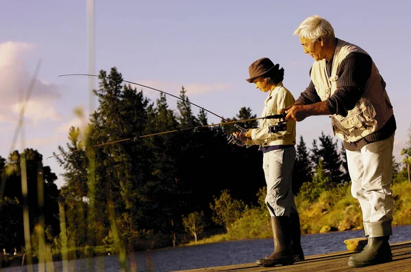 Grandfather Granddaughter Fishing Together — Stock Photo, Image