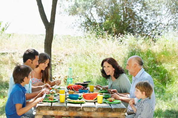 Repas Famille Sur Table Extérieure — Photo