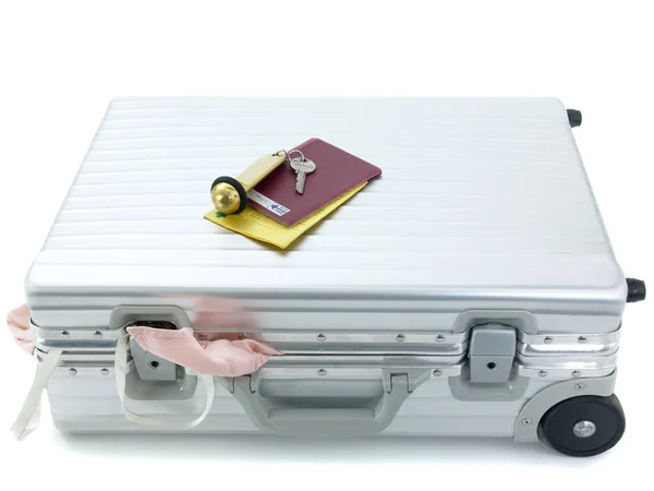 Suitcase passport and hotel key — Stock Photo, Image