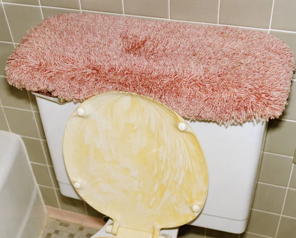 Toilette Mit Rosa Teppich Auf Zisterne — Stockfoto