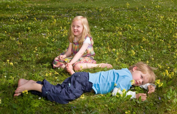 Mädchen Und Junge Liegen Gras — Stockfoto