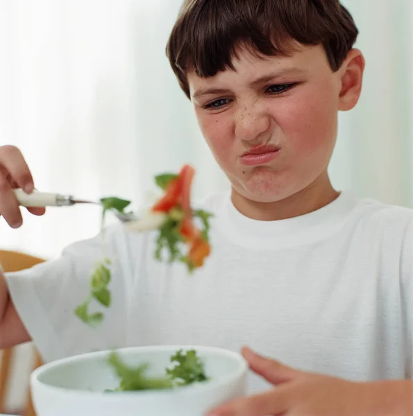 Boy Looking Disgusted Salad — Stock Photo, Image