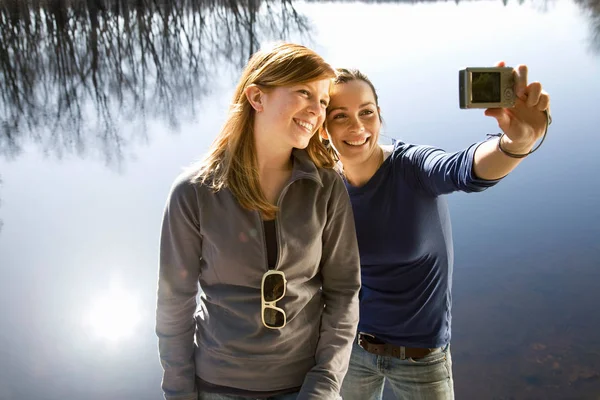 Two women with camera beside lake