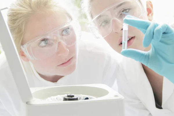 Cientistas examinando tubo de teste em laboratório — Fotografia de Stock