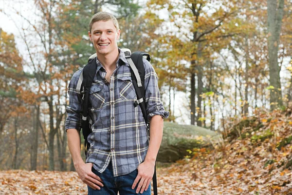 Young Man Forest Backpack — Stock Photo, Image