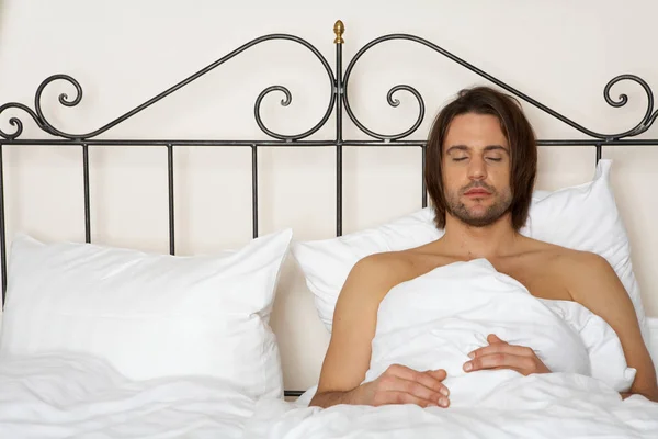 Young Man Lying Bed Eyes Closed — Stock Photo, Image