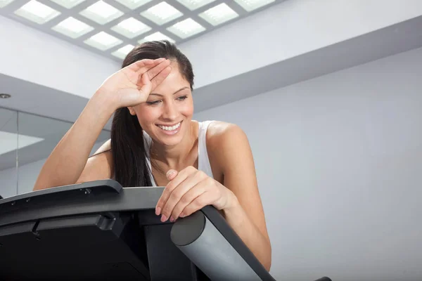 Smiling Woman Resting Treadmill — Stock Photo, Image
