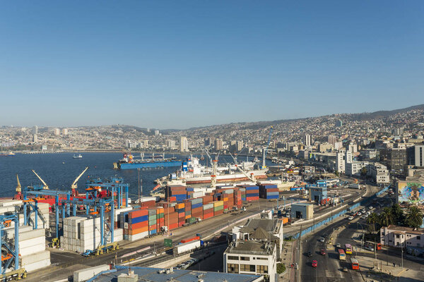View of city and ports from Paseo 21 de Mayo, Cerro Playa Ancha, Valparaiso, Central Coast, Chile