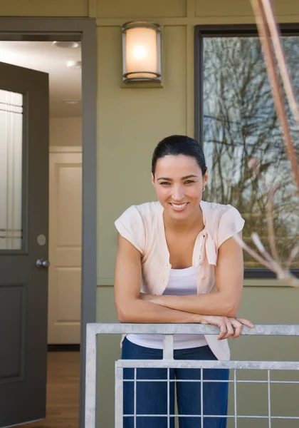 Woman Front Porch Sold Sign — Stockfoto