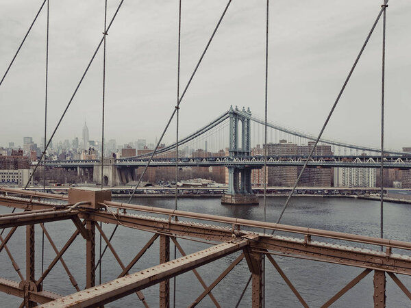 The Manhattan Bridge from the Brooklyn Bridge, New York, USA
