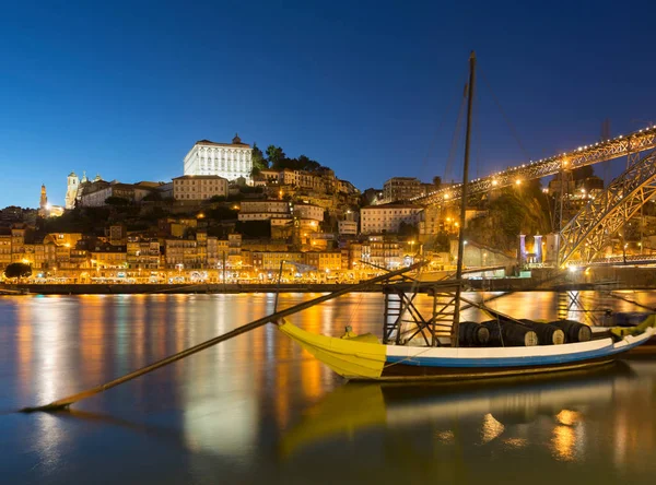 Rabelo Barca Sul Fiume Douro Notte Oporto Portogallo — Foto Stock