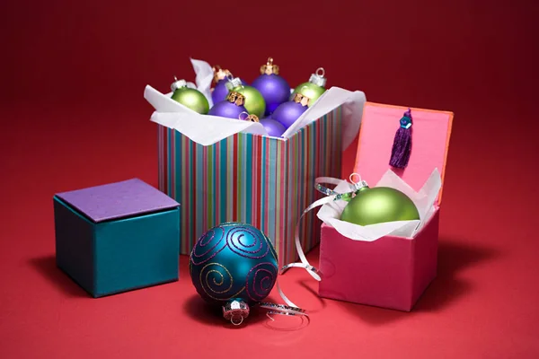 Boxes Baubles Isolated Red Background — Stock Photo, Image