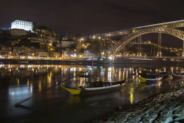 Rzeka Łodziami Nocy Porto Portugalia — Zdjęcie stockowe