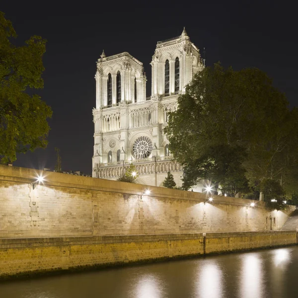 Pohled Katedrálu Notre Dame Řeku Seine Noci Paříž Francie — Stock fotografie