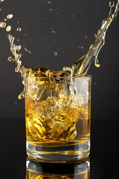Ice cube splashing in tumbler of whiskey — 스톡 사진