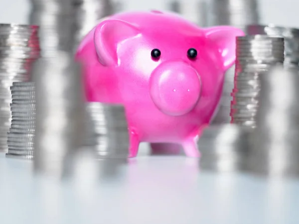 Piggy Bank Stacks Coins — Stock Photo, Image