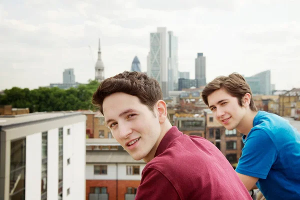 Hombres Admirando Horizonte Ciudad Desde Azotea — Foto de Stock