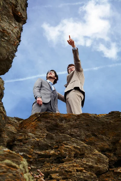 Бізнесмени, що стоять на краю скелі — стокове фото