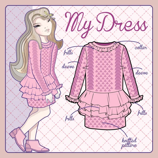 ピンクのニットのドレスを着ているかわいい女の子 — ストックベクタ