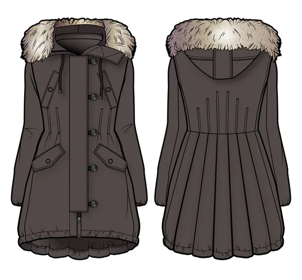 Vue avant et arrière d'un manteau d'hiver brun avec fourrure — Image vectorielle
