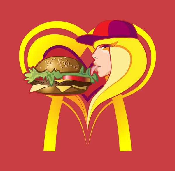 Fille manger hamburger — Image vectorielle